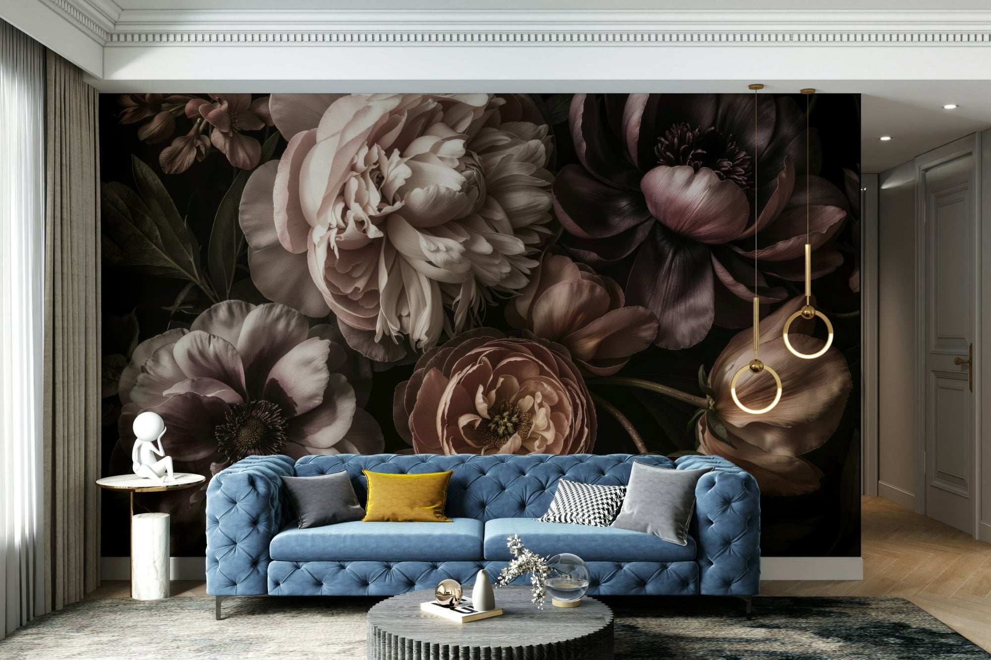 A wall mural of a dark and moody floral pattern. GD3499

