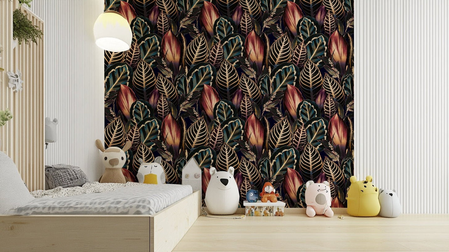 This wallpaper is suitable for a dining room, a bedroom, or a chic living space.
