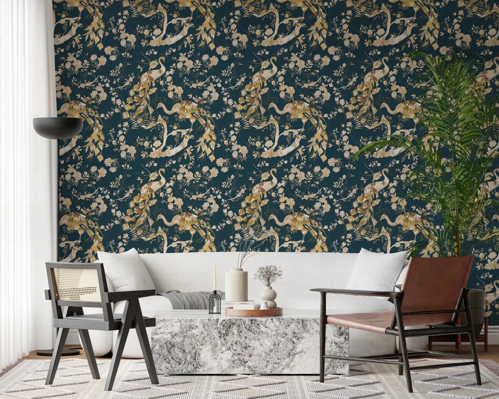 Pale floral accents stand out in Dark Navy Bird Wallpaper design