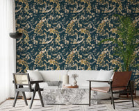 Pale floral accents stand out in Dark Navy Bird Wallpaper design