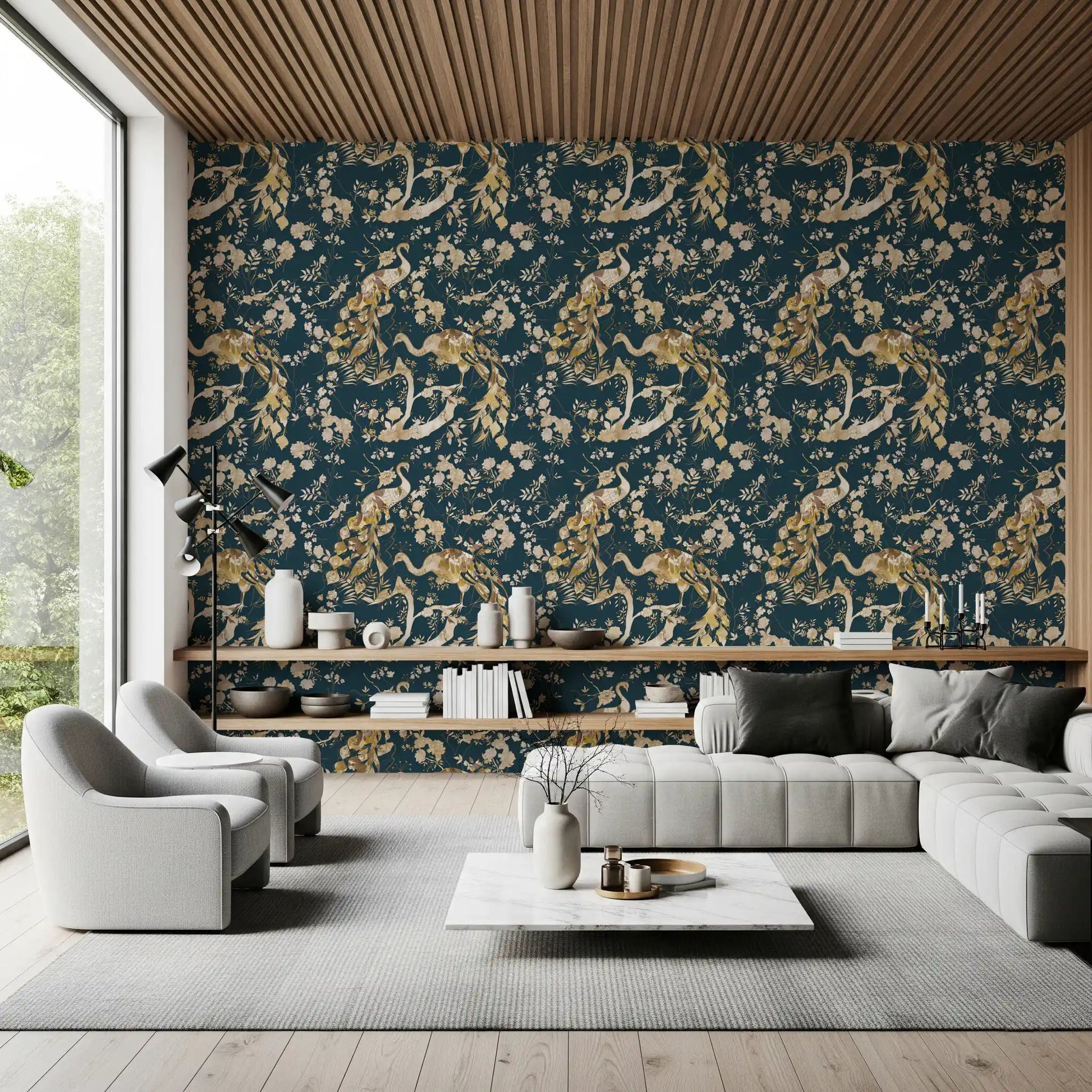 Delicate bird motifs define Dark Navy Bird Wallpaper beautifully