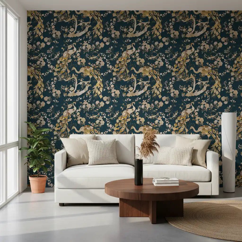 Bright hallway featuring Dark Navy Bird Wallpaper on a deep navy base