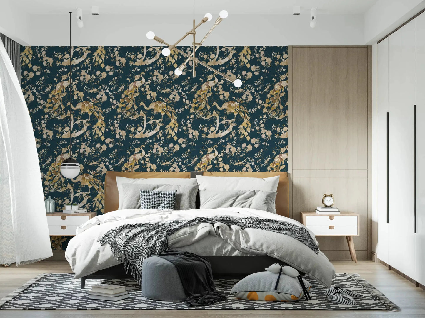 Calm bedroom styled in Dark Navy Bird Wallpaper with elegant bird motifs