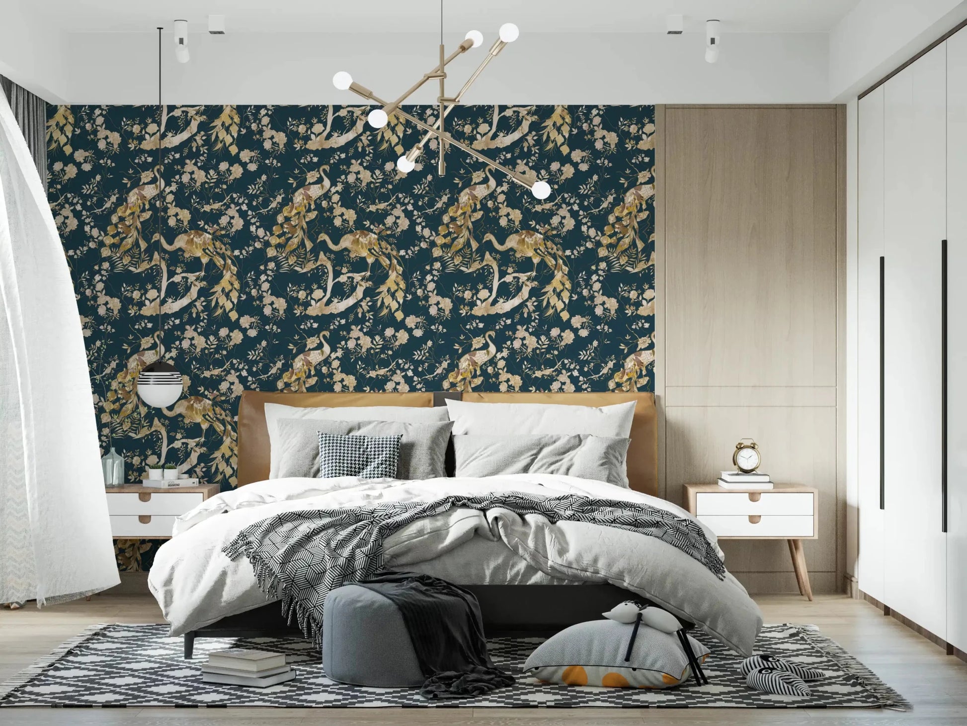 Calm bedroom styled in Dark Navy Bird Wallpaper with elegant bird motifs
