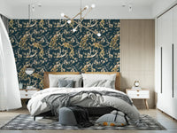 Calm bedroom styled in Dark Navy Bird Wallpaper with elegant bird motifs