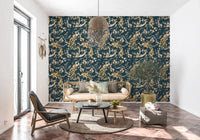 Graceful blossoms shape Dark Navy Bird Wallpaper with soft contrast