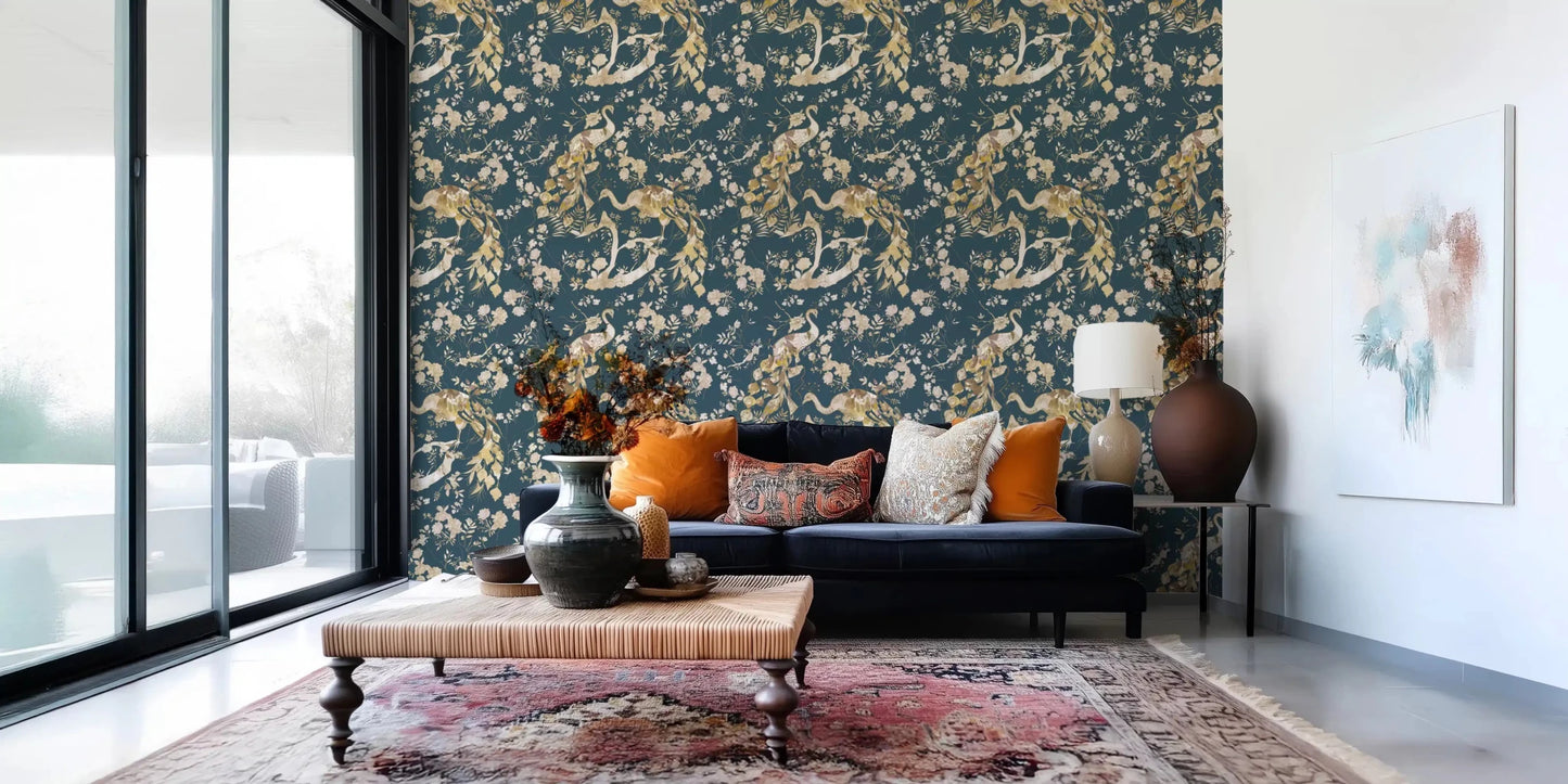 Flowing botanical branches give Dark Navy Bird Wallpaper movement
