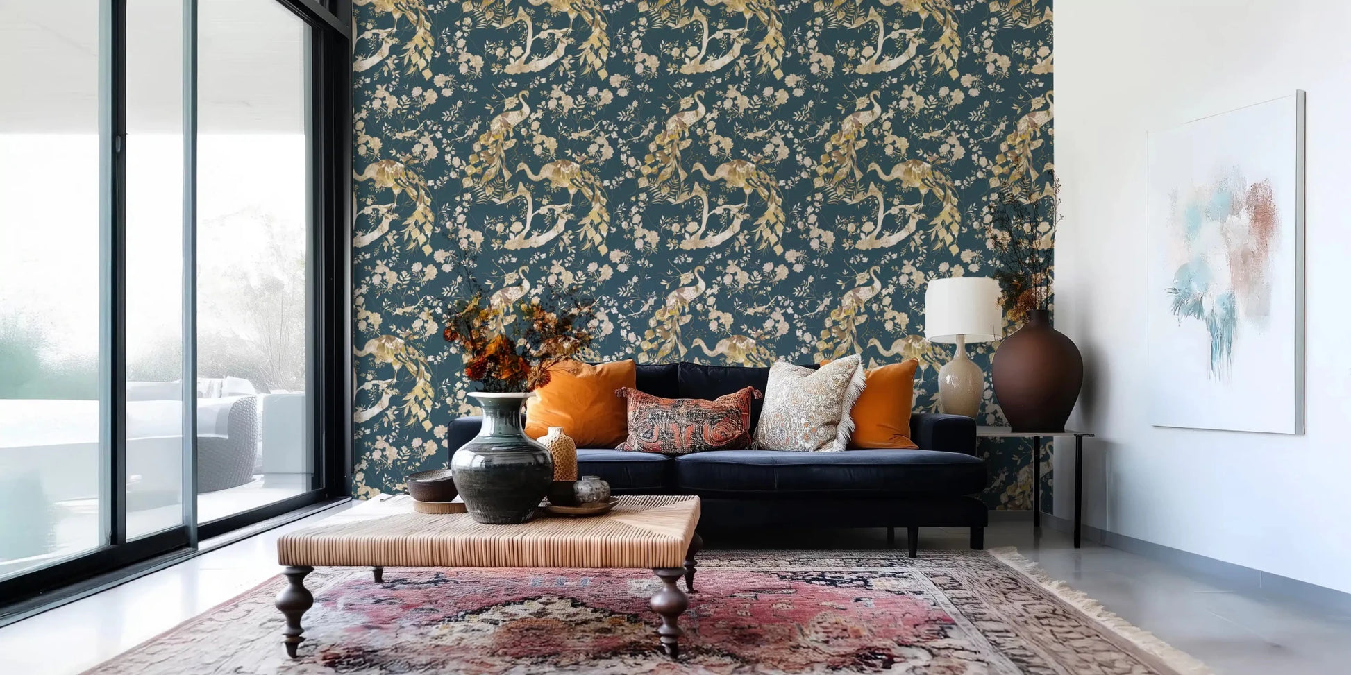 Flowing botanical branches give Dark Navy Bird Wallpaper movement