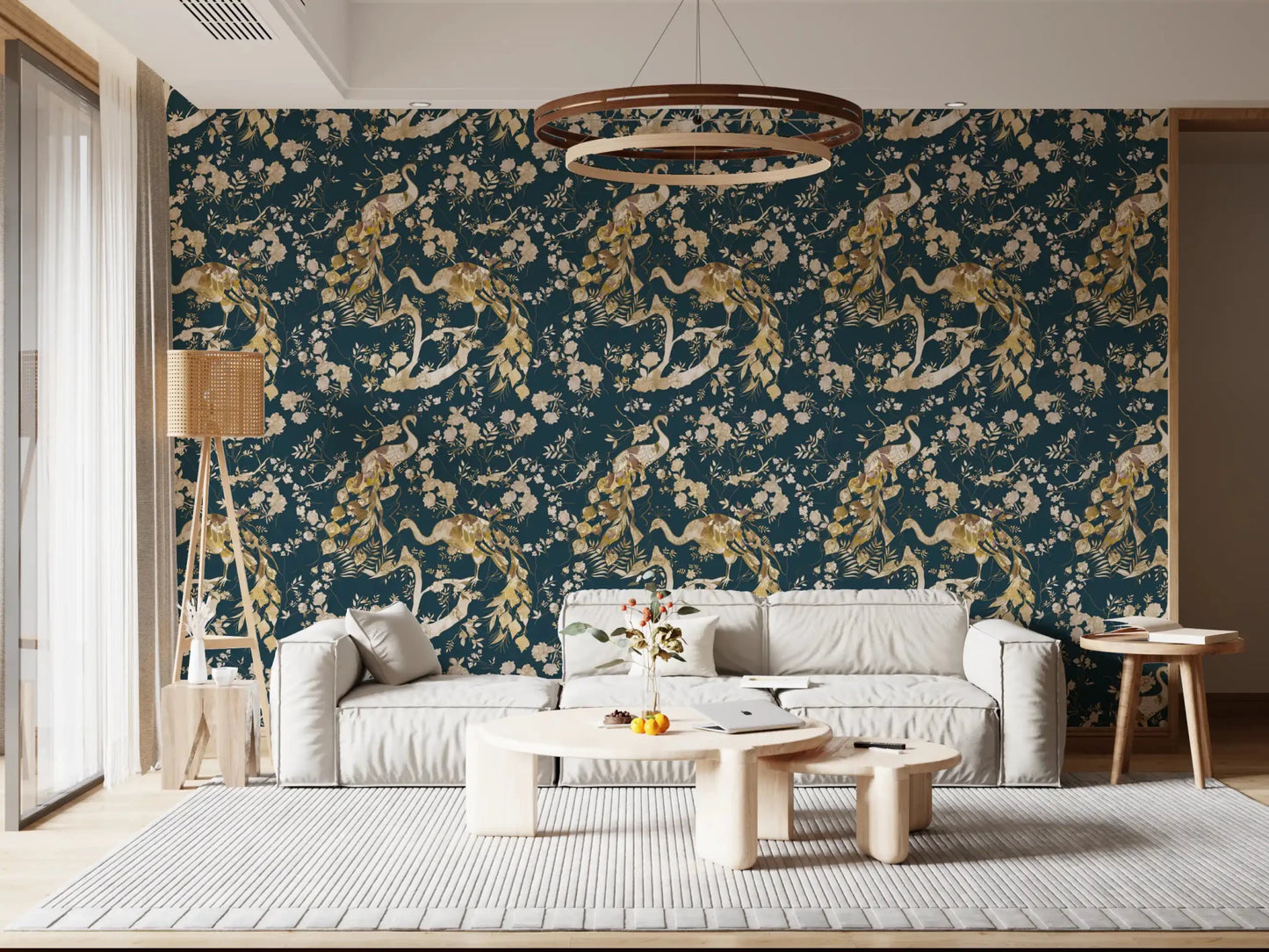 Modern living room wall with Dark Navy Bird Wallpaper and floral branches