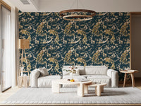 Modern living room wall with Dark Navy Bird Wallpaper and floral branches