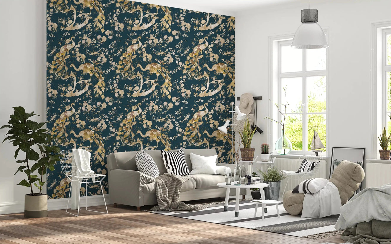 Refined living room with Dark Navy Bird Wallpaper and soft blossom detail