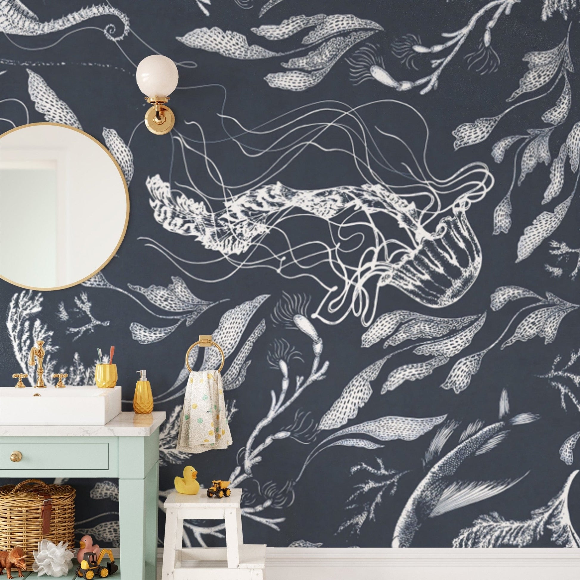 Navy Blue Underwater Wallpaper with Sea Creatures
