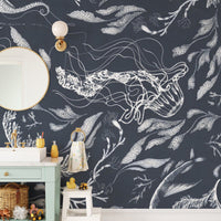 Navy Blue Underwater Wallpaper with Sea Creatures
