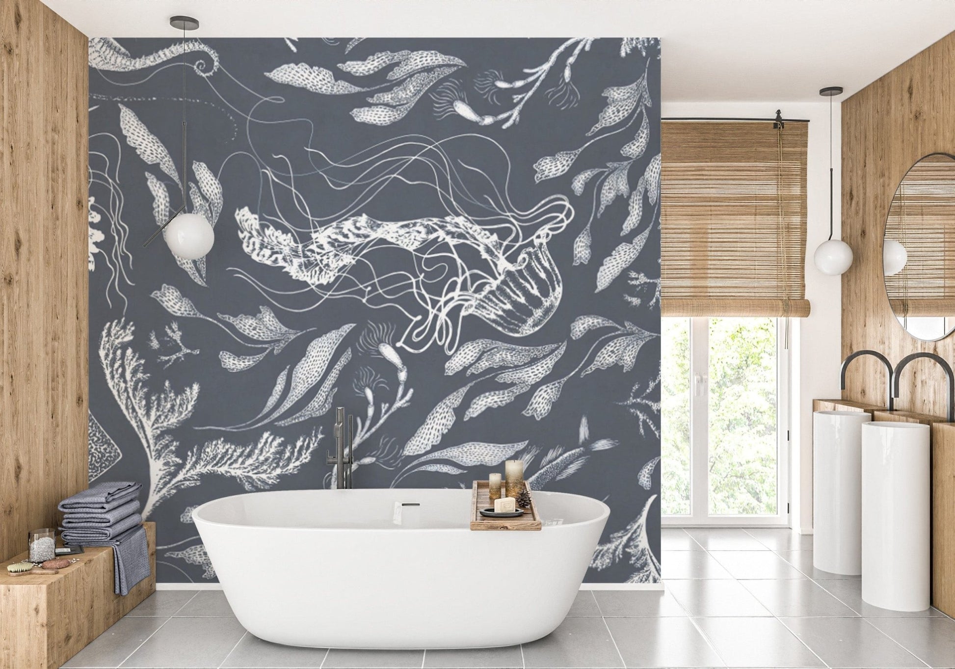 Elegant Dark Blue Marine Life Wall Mural
