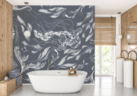 Elegant Dark Blue Marine Life Wall Mural
