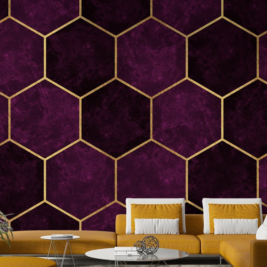 Luxury pink hexagon mural with dark plum tones.

