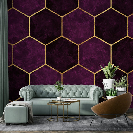 Dark plum and pink hexagon pattern wall mural., GD1922