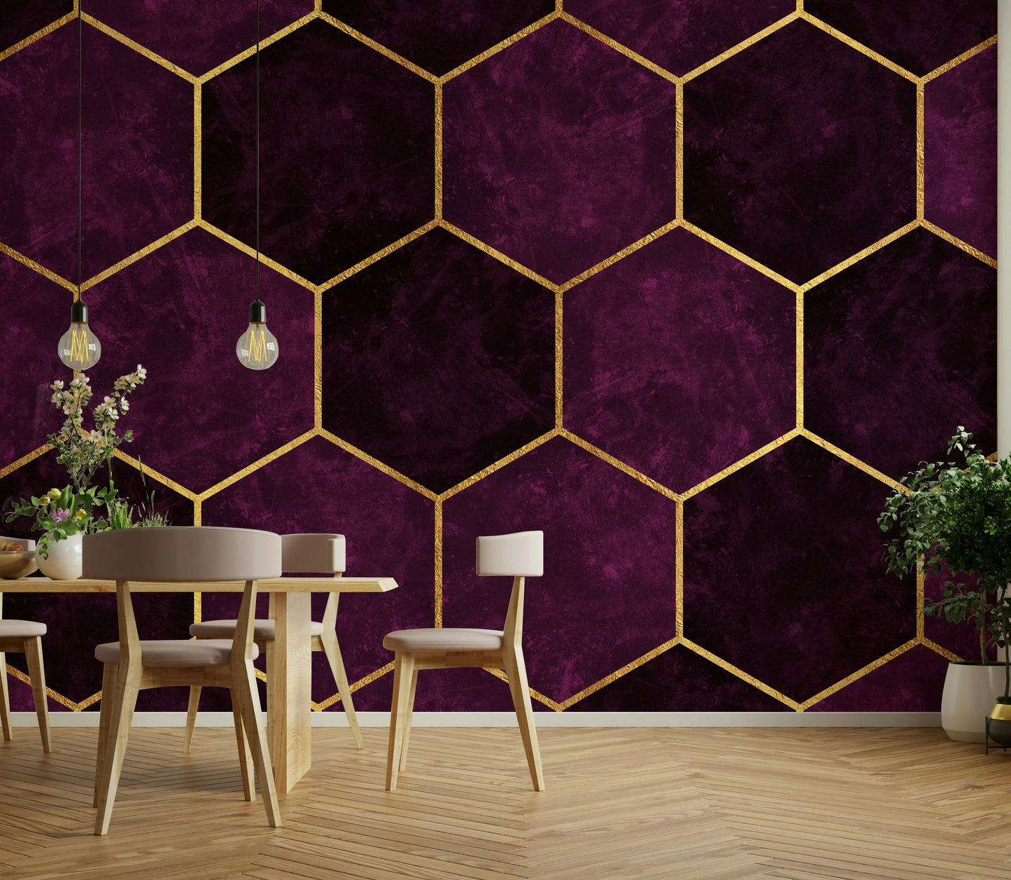 Elegant dark plum pink hexagon geometric mural.