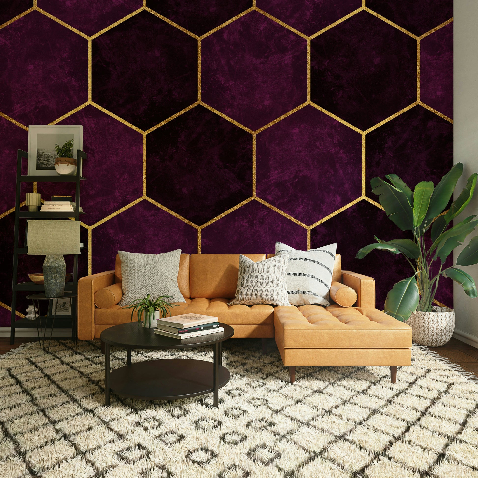 Dark plum and pink luxury geometric wall mural.