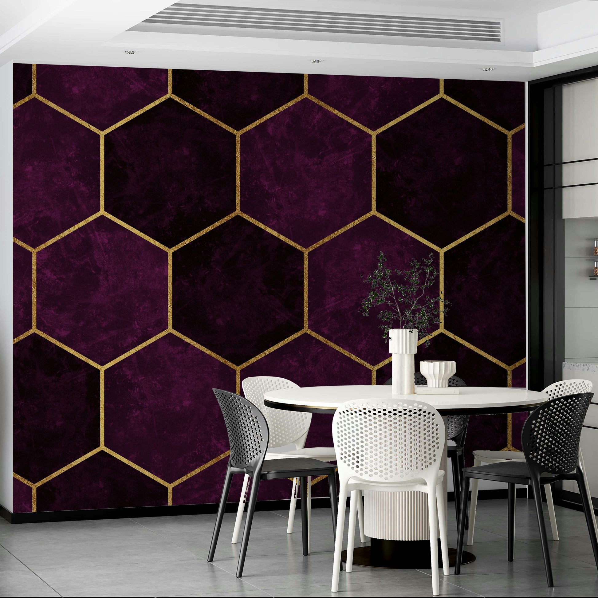 Elegant dark plum pink hexagonal design mural.

