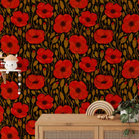 Whimsical dark red poppy wallpaper for cozy, nature-inspired spaces.
