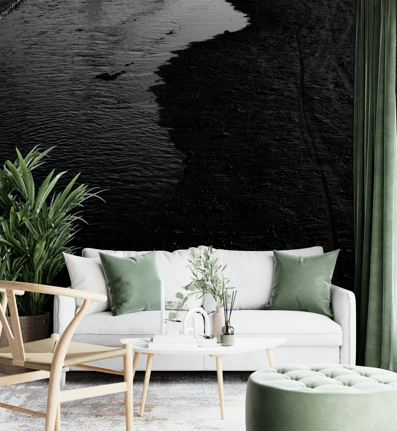 A beautiful dark river wallpaper mural for dramatic decor.

