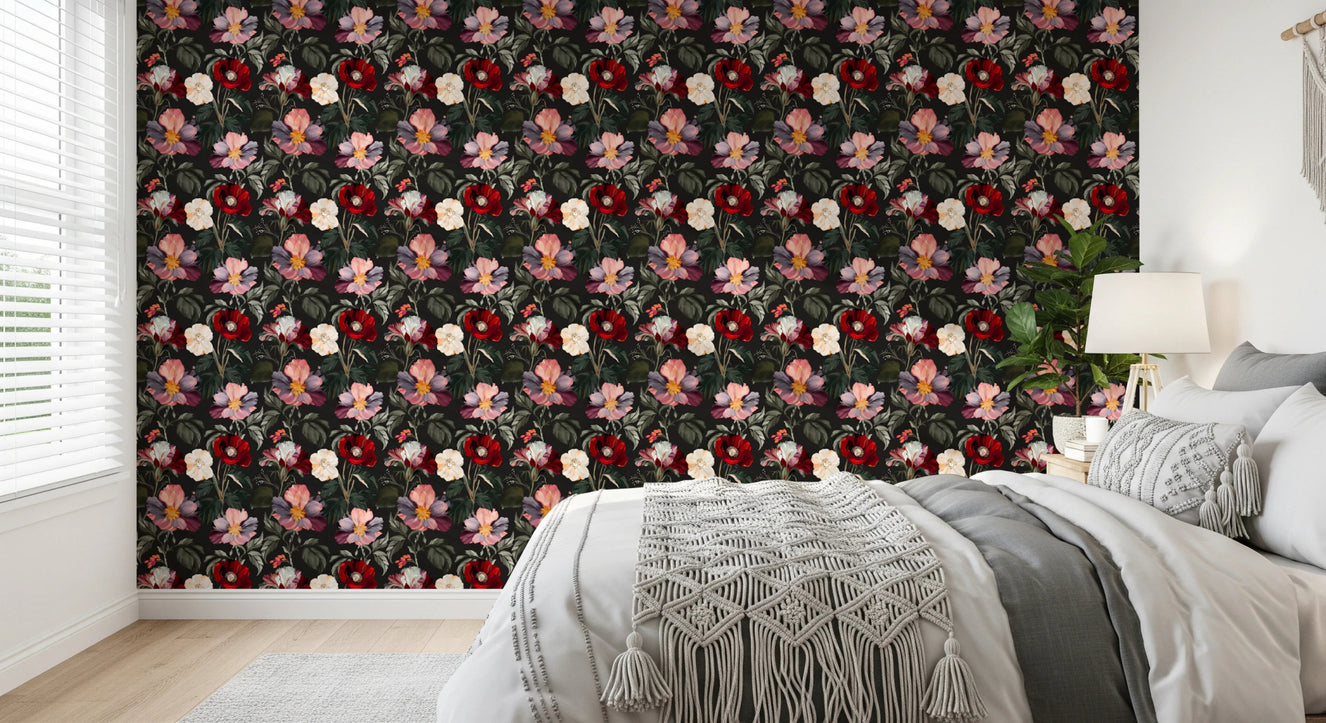 Dark Romance Floral Pattern wallpaper in black red pink and green tones
