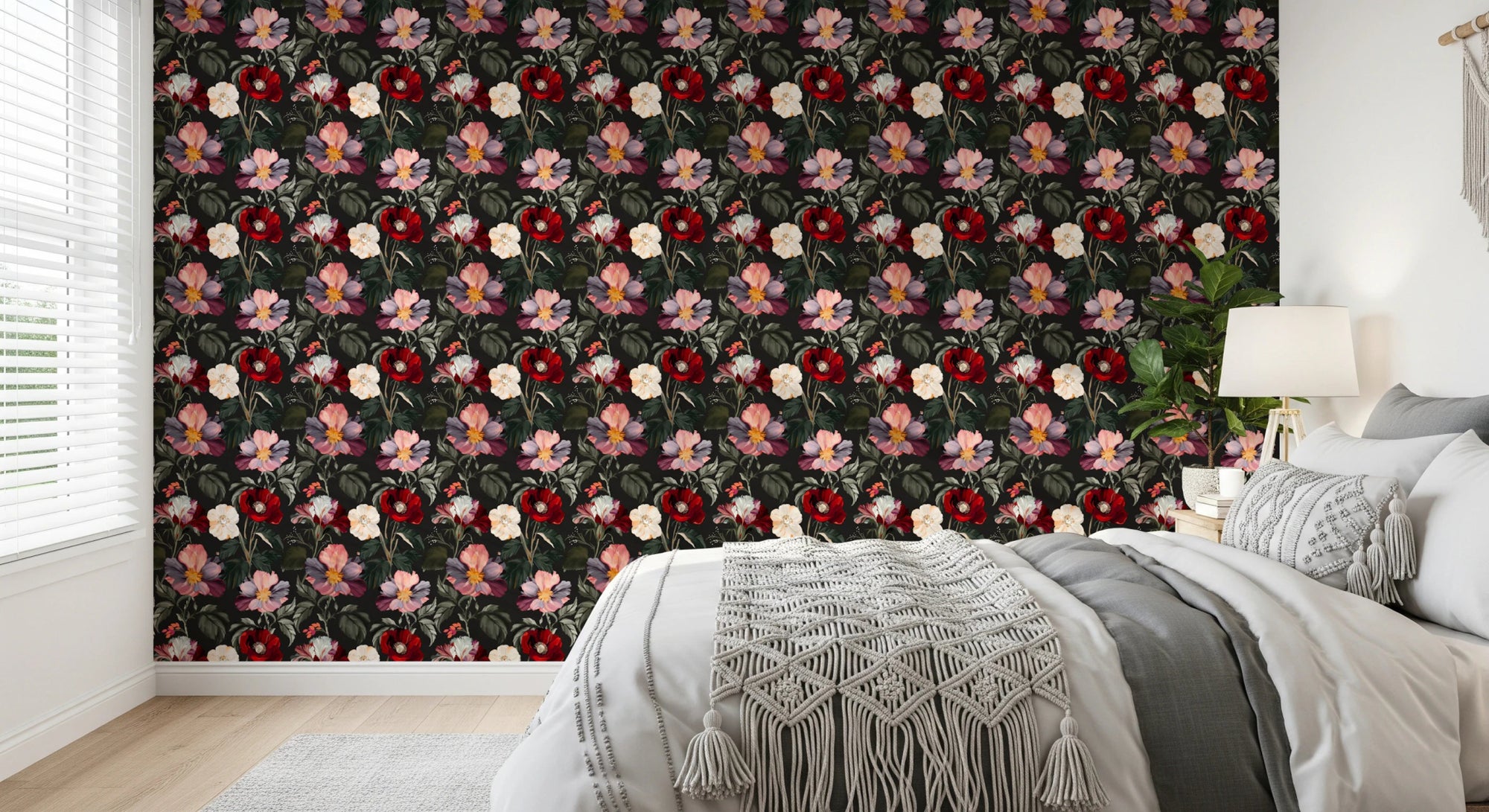 Dark Romance Floral Pattern wallpaper in black red pink and green tones, GD8095