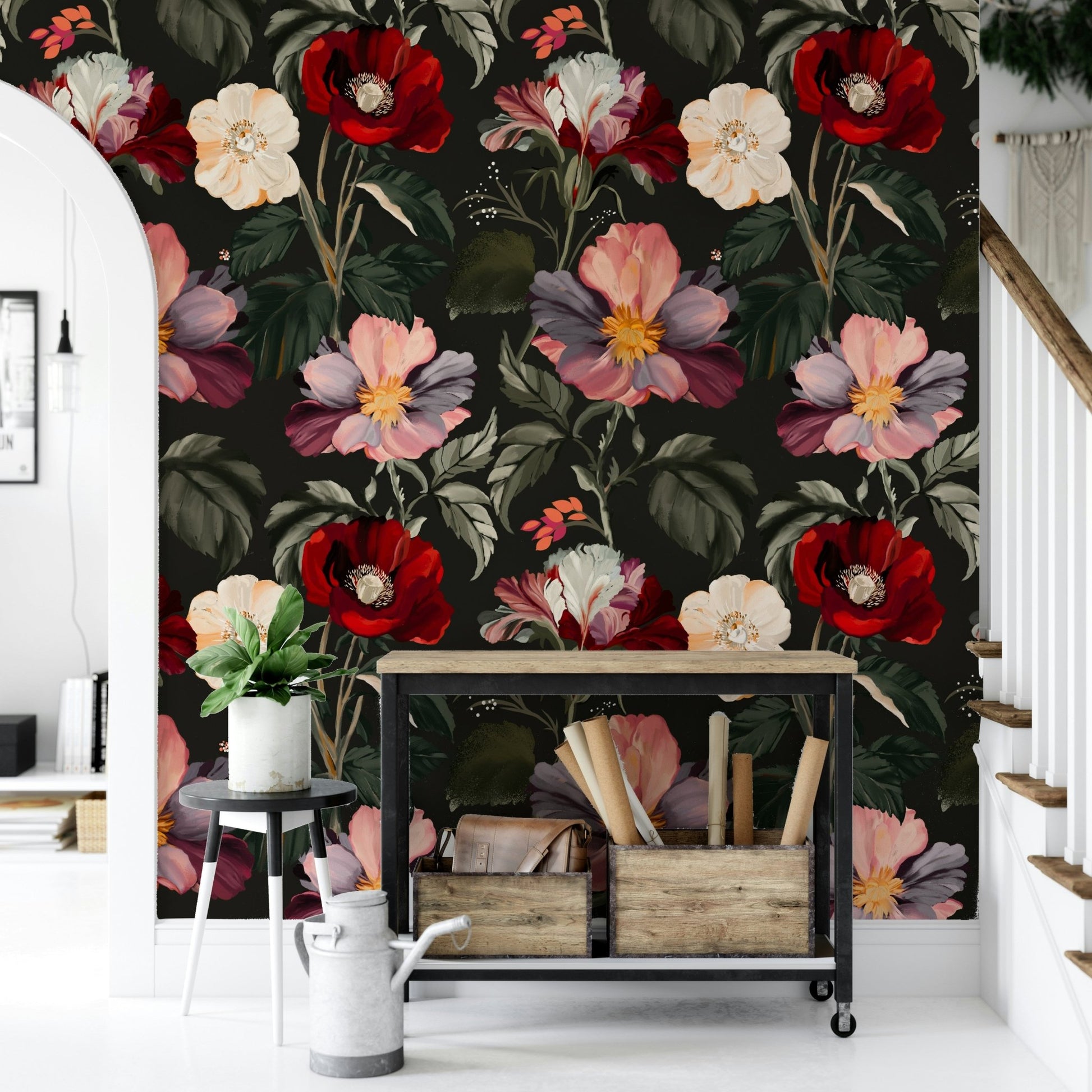 A classic dark floral wallpaper for walls with subtle color.

