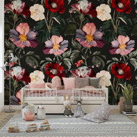 An artistic moody bloom mural on minimalist wallpaper.

