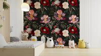 A contemplative dark floral wallpaper mural for a feature wall.


