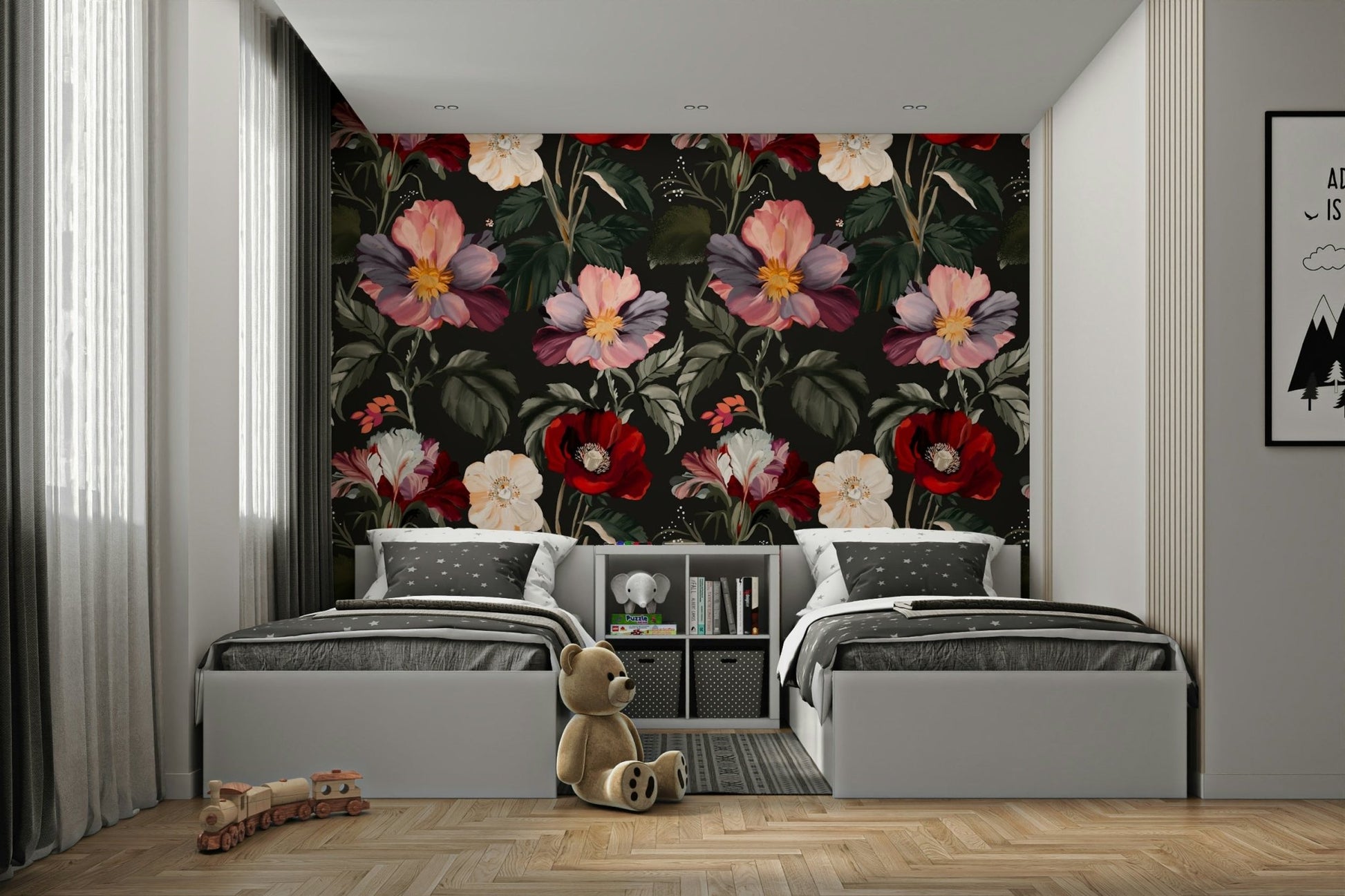 A graceful vintage flower wall mural in rich, dark tones.

