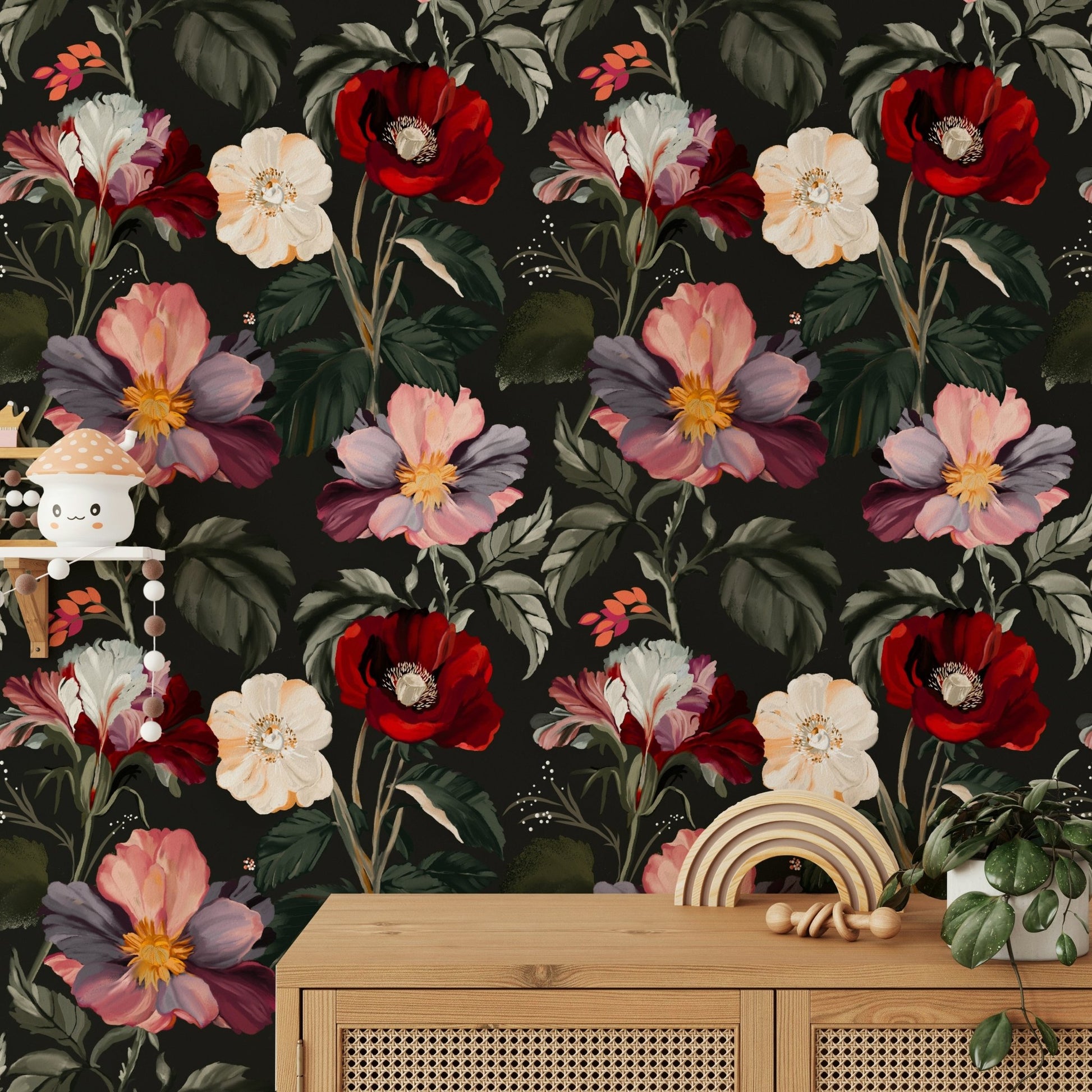 A peaceful romantic garden mural on decorative wallpaper.


