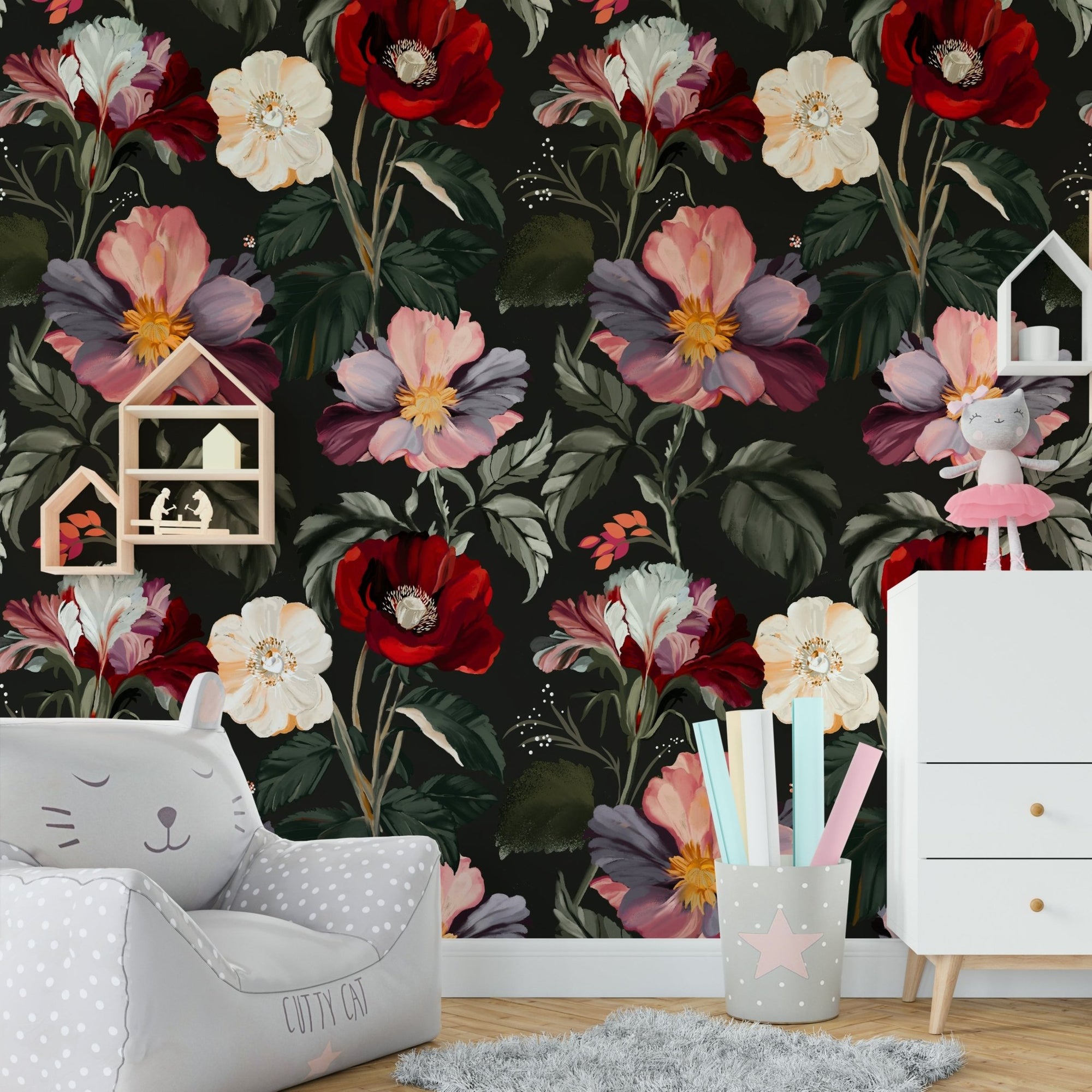 A beautiful dark floral wallpaper mural for a dramatic room., GD4683