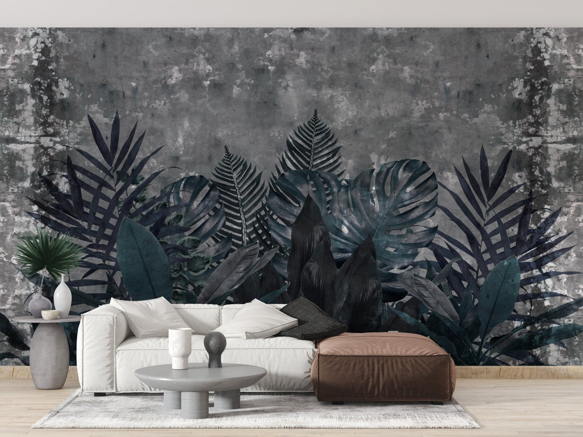 Dark tropical leaves rustic wallpaper design A109

