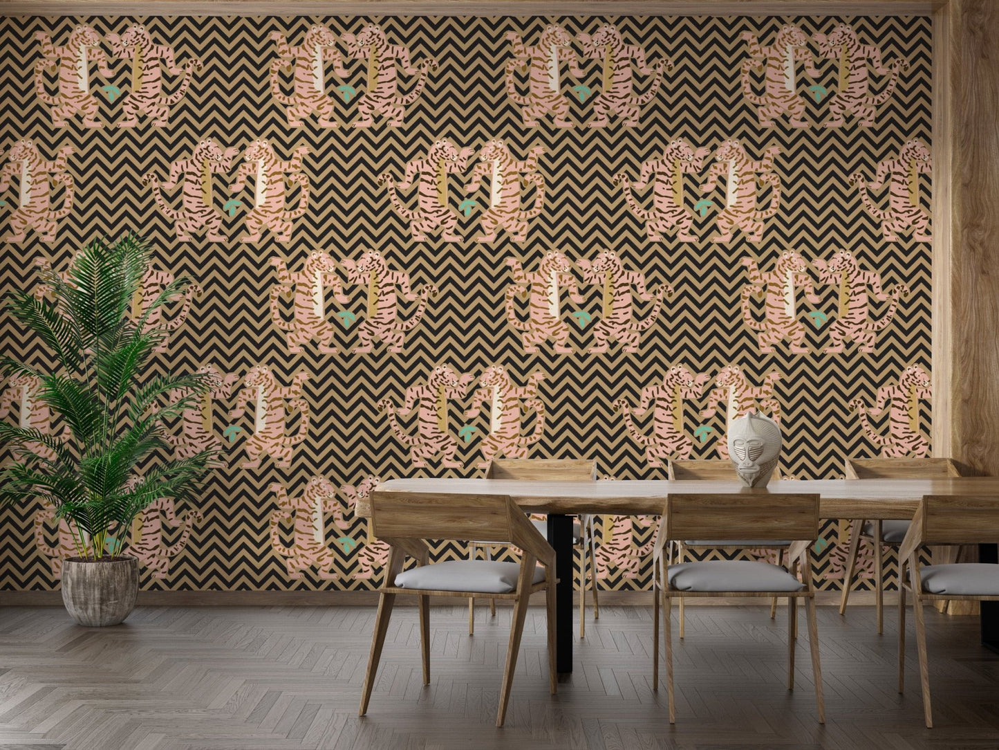 Zigzag tiger wallpaper in dark sand tones

