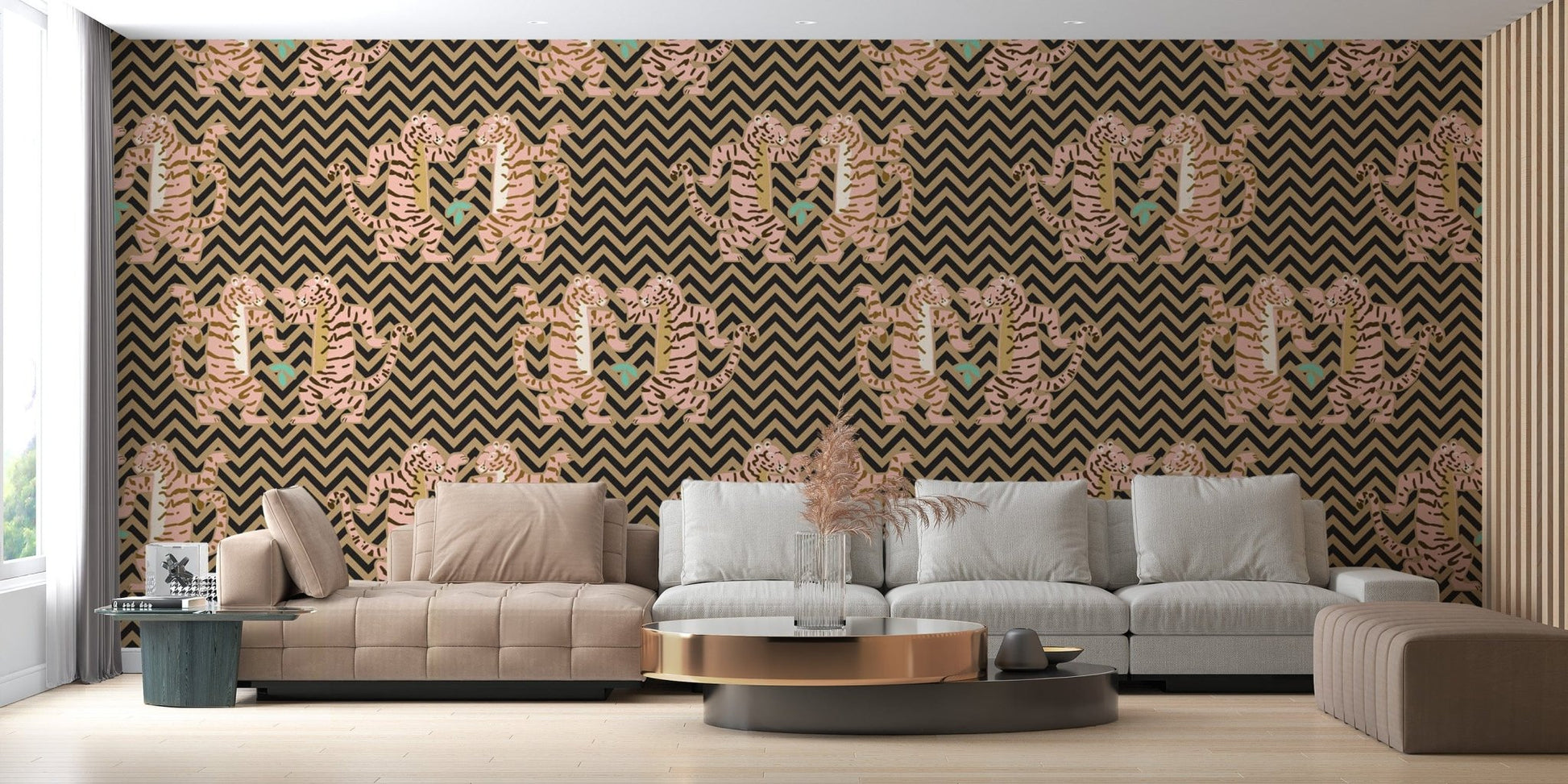 Dancing tiger zigzag design wallpaper mural
