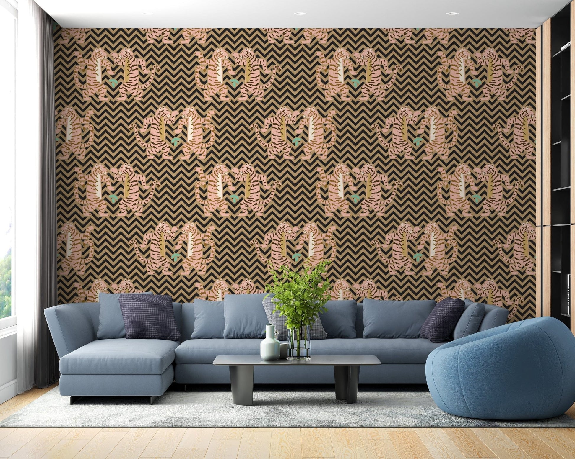 Modern tiger zigzag wallpaper in dark sand shades




