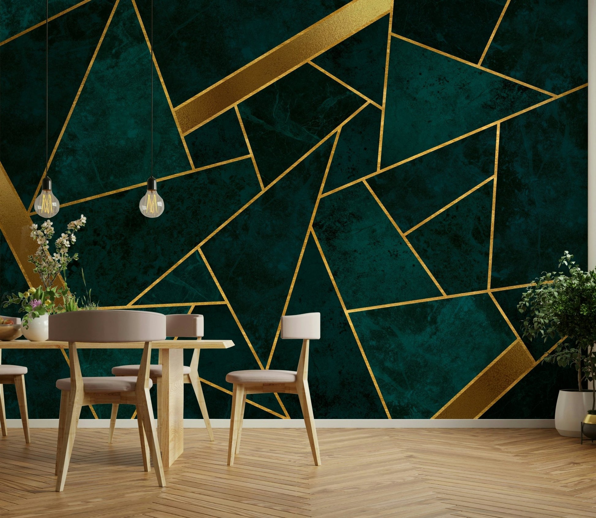 Rich dark teal wall mural with gold mosaic detailing.