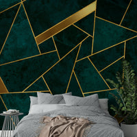Luxurious dark teal and gold mosaic wallpaper design.
