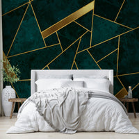 Dark teal background with gold mosaic pattern on walls.