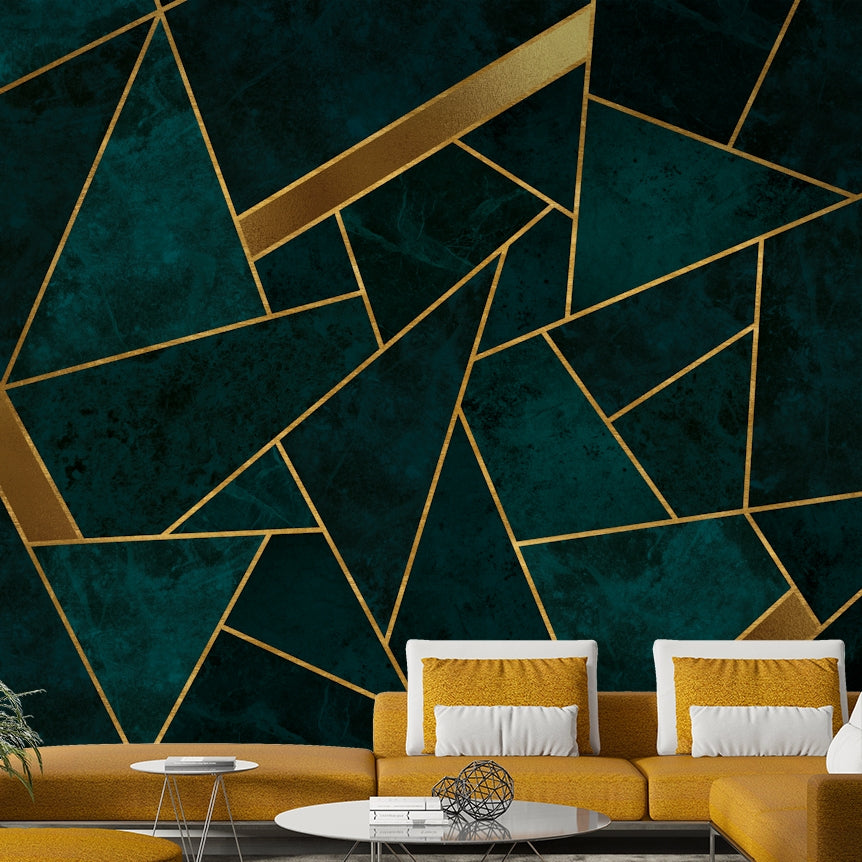 Glamorous teal and gold mosaic mural for modern rooms.

