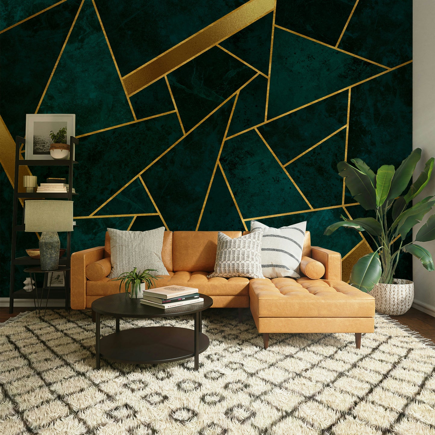Bold dark teal and gold mosaic design for home decor.

