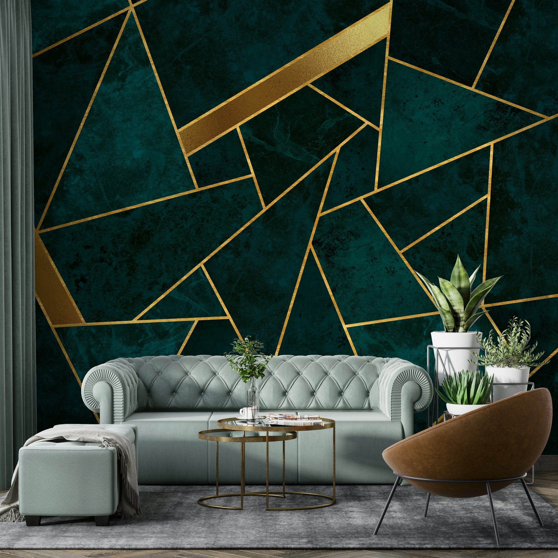 Elegant dark teal mosaic with gold accents on walls.

