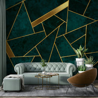 Elegant dark teal mosaic with gold accents on walls.

