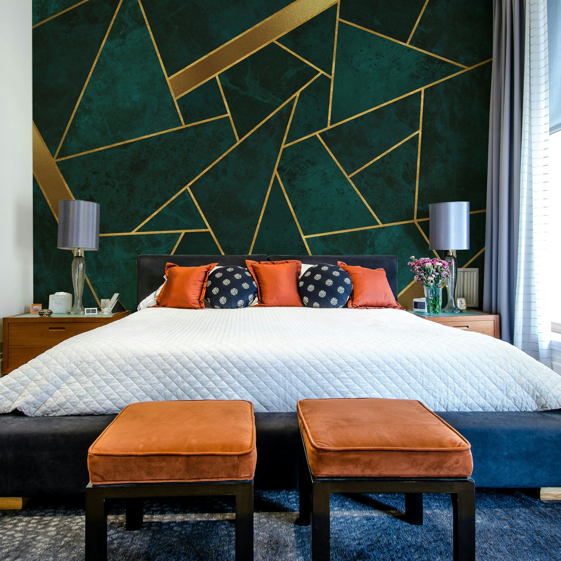 Dark teal and gold mosaic wall mural for stylish interiors.

