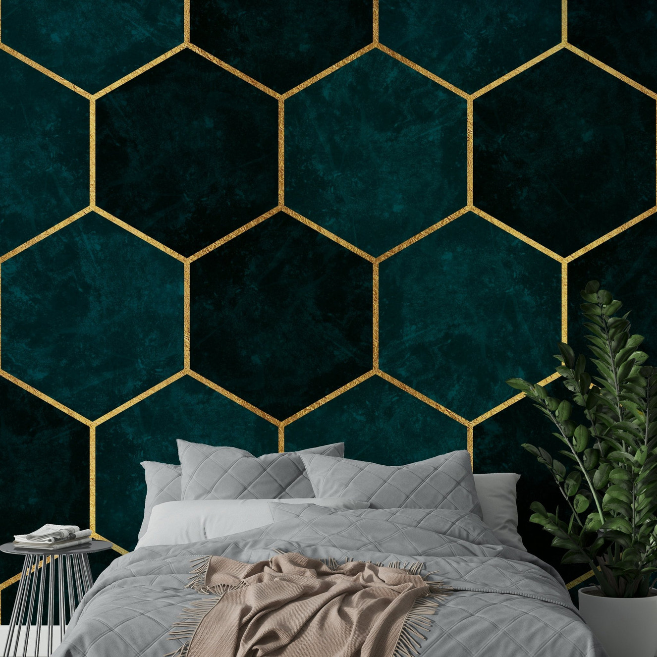 Dark teal hexagon wall mural for modern interiors.

