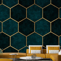 Dark teal hexagon wall mural creating a stylish vibe.

