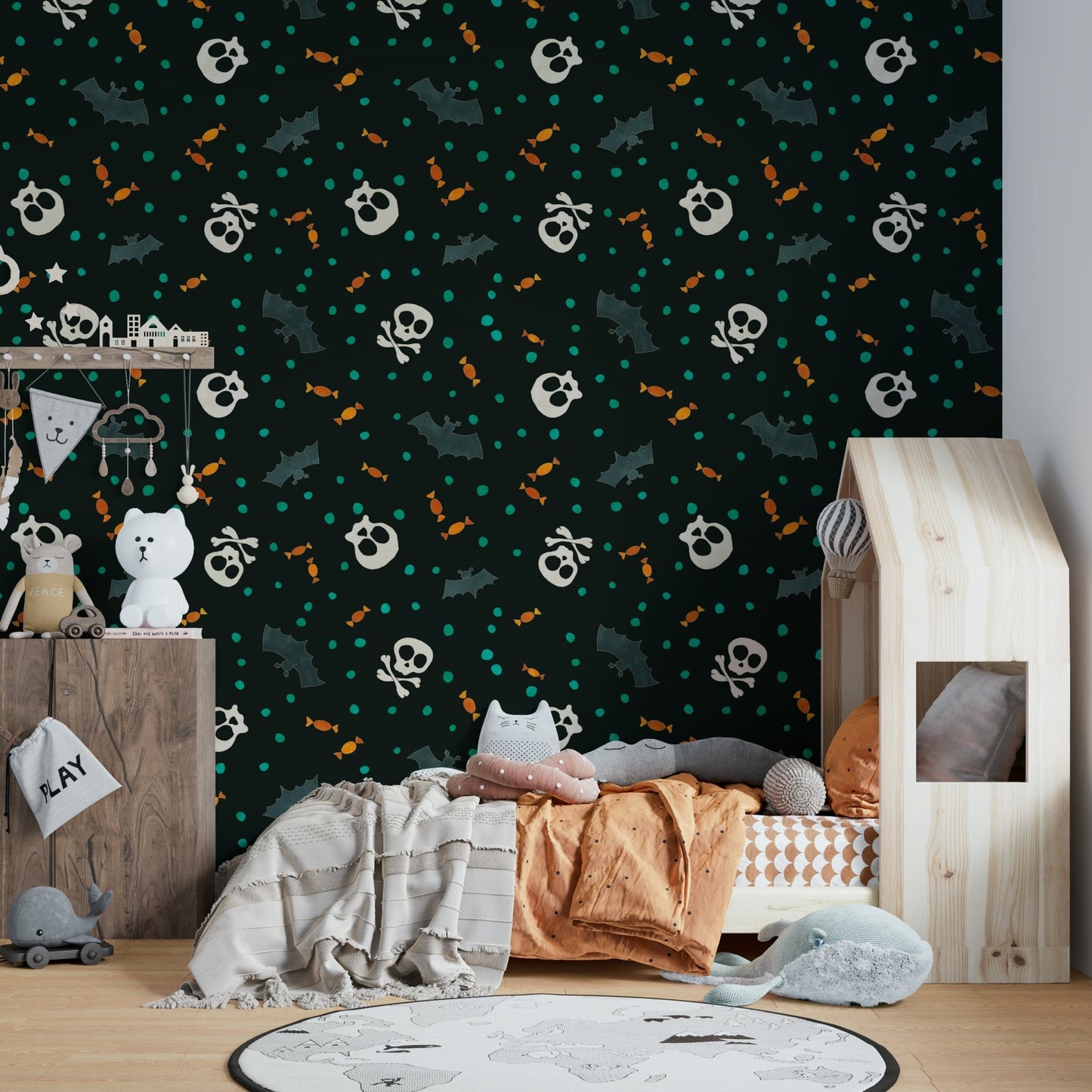 A party room decorated with a Halloween mural

