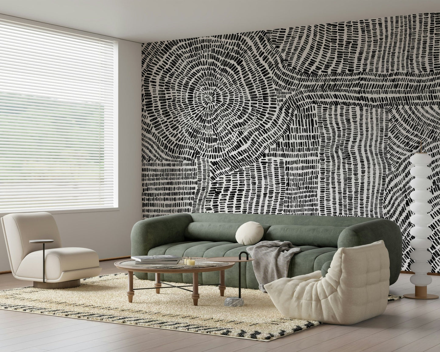 Contemporary geometric wallpaper for a sleek apartment lounge area.
